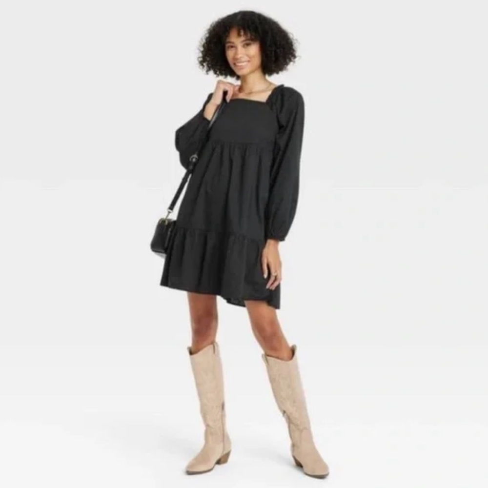 Universal Thread Black Puff Sleeve Mini Shift Dress Pockets Size M Boho Festival